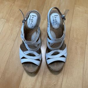 BOC 4” White Leather Strappy Cork Wedges
